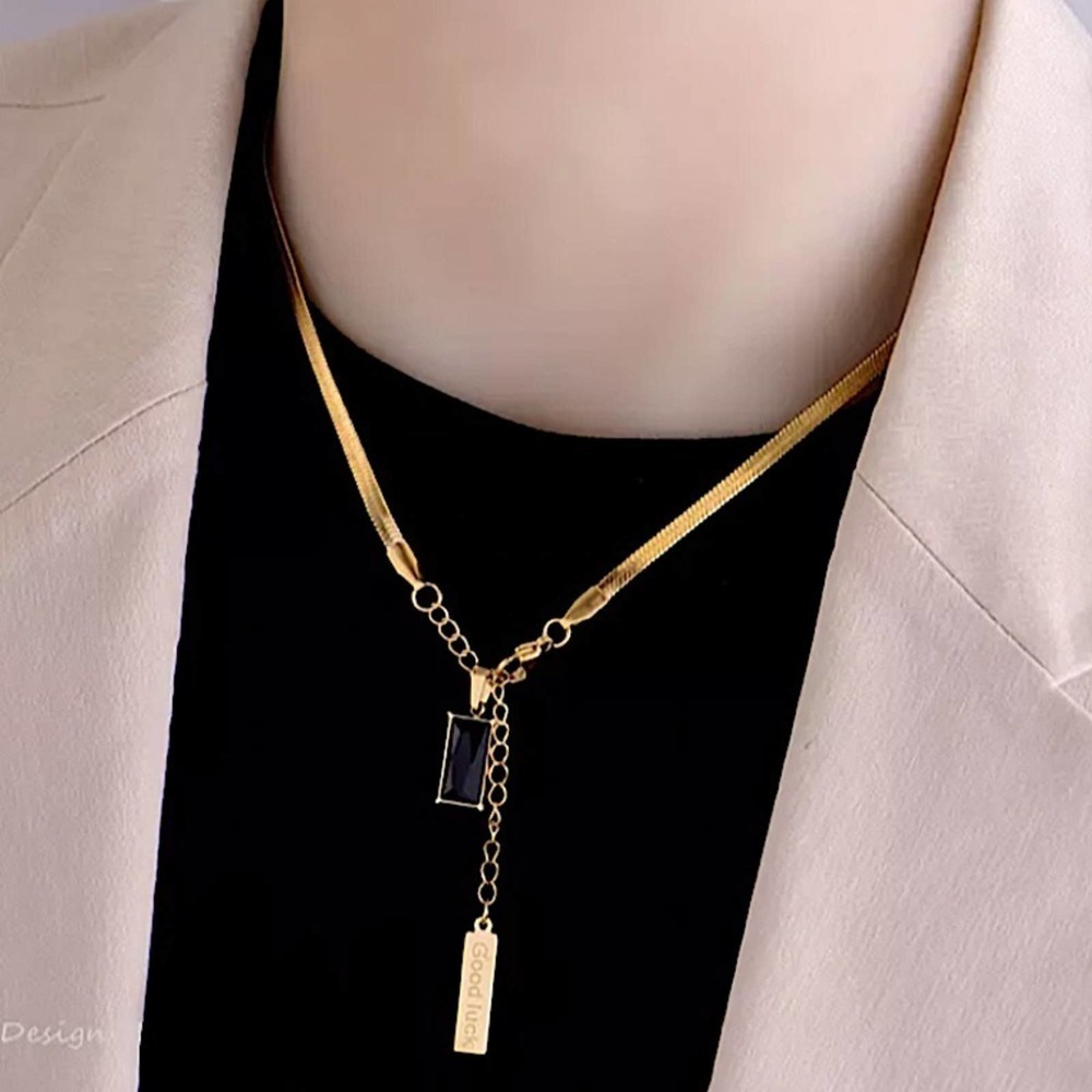 Gold 18K GP Herringbone Black Onyx Gemstone Necklace